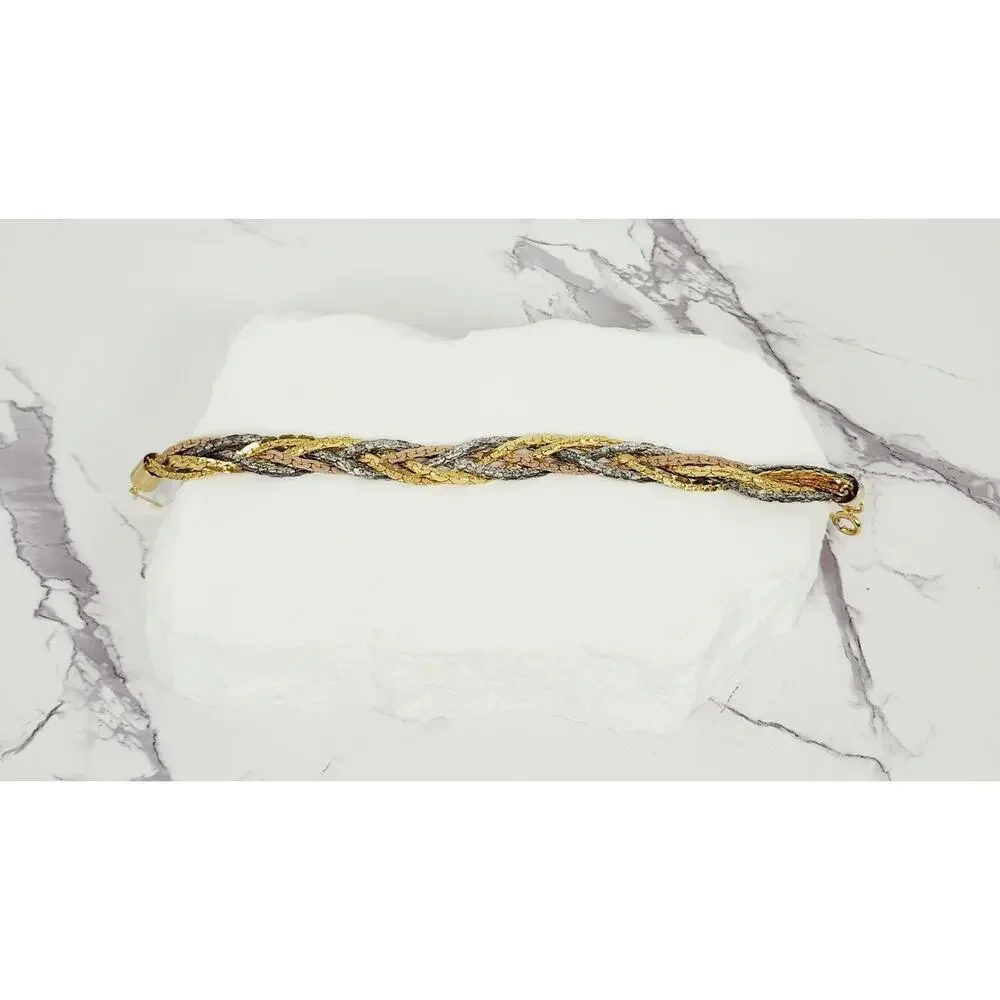 Vintage Tri-Color Braided Herringbone Chain Bracelet Gold Silver Rose 7.5
